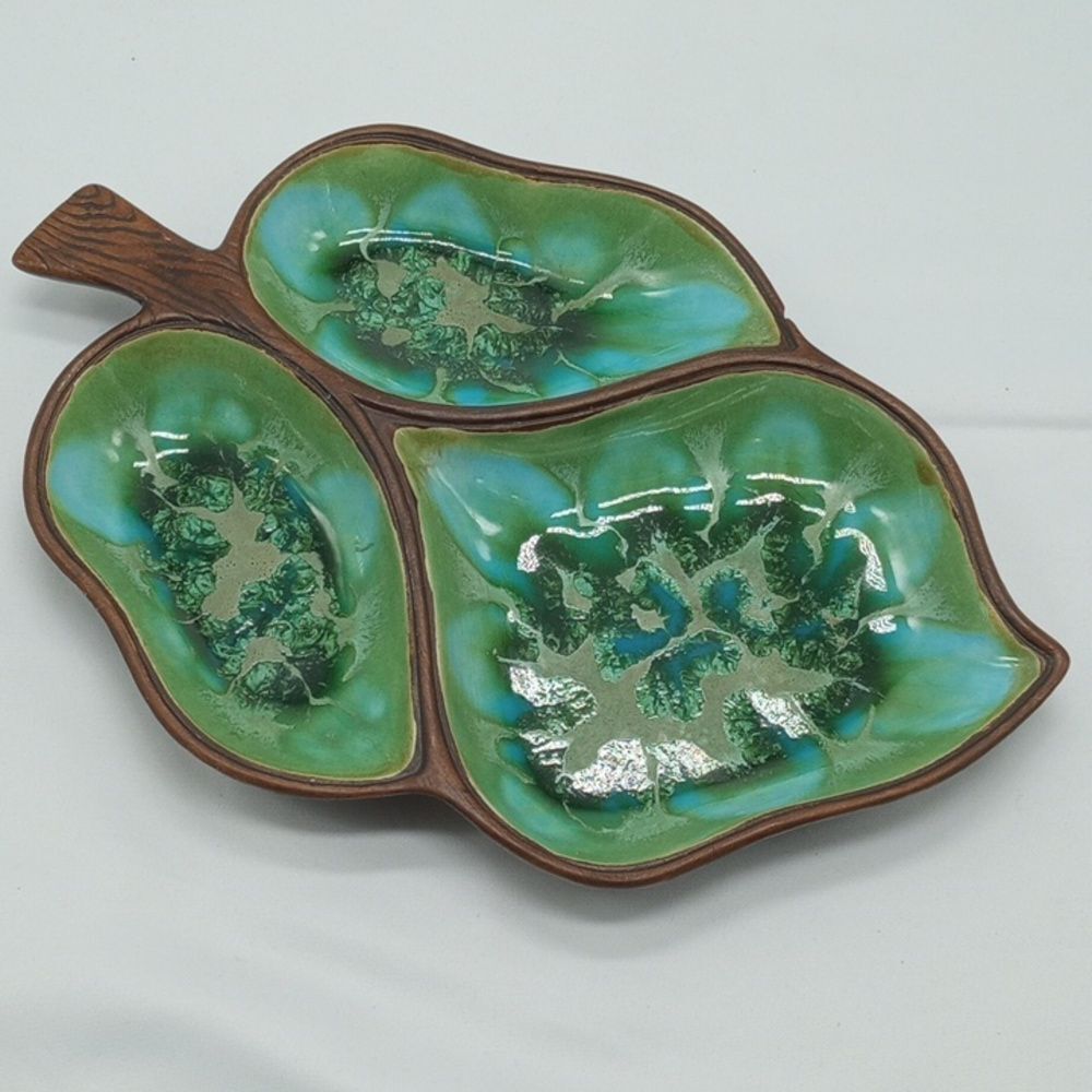 Vintage Brown and Turquoise Treasure Craft Jewelry Dish